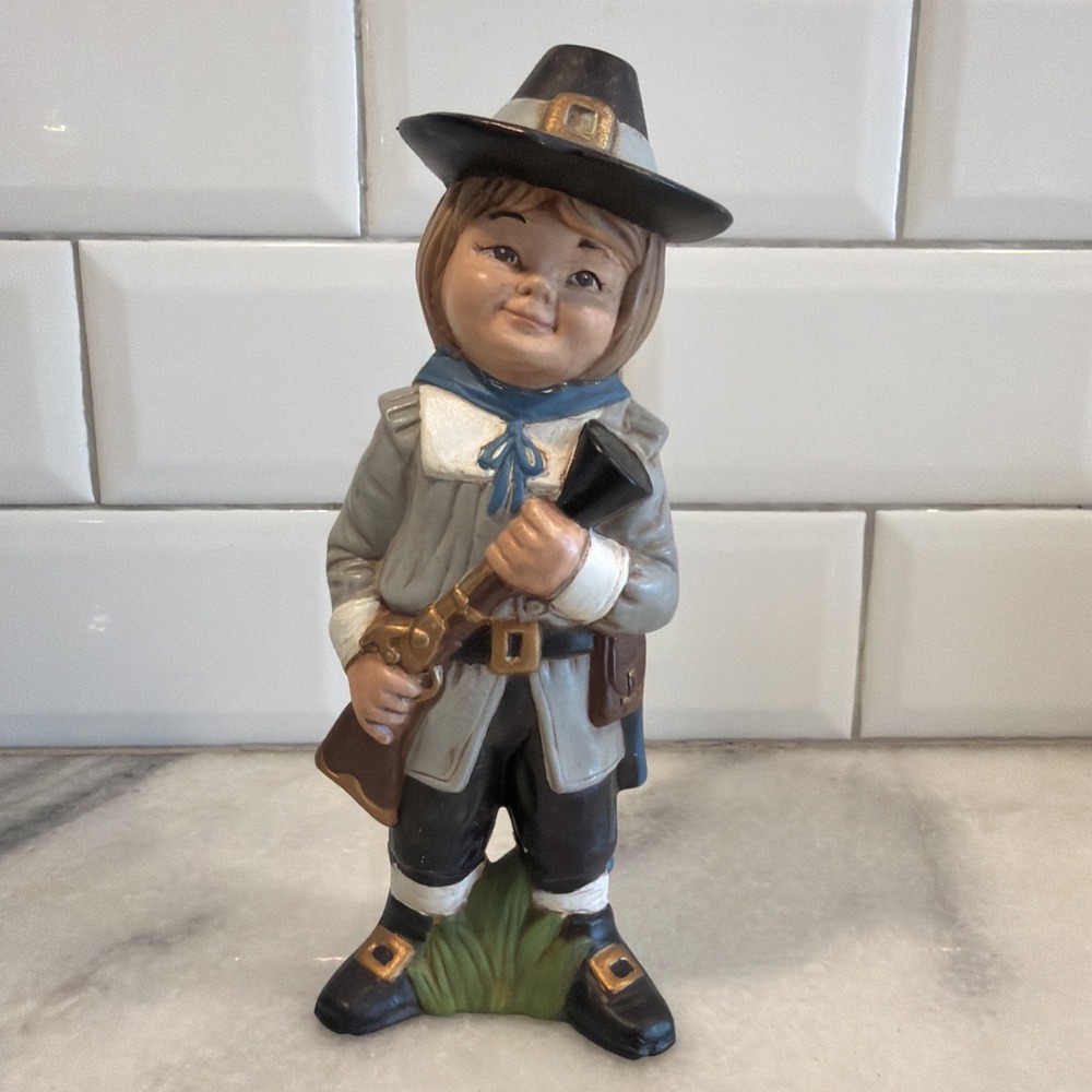 Vintage Hand Painted Ceramic Thanksgiving Pilgrim Figurine 7"